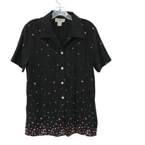 Vtg Original TY Wear Womens Sz 8 Top Linen Blend Black Floral Boxy Cottagecore